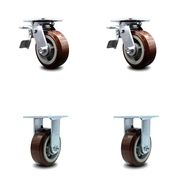 5 Inch Polyurethane Caster Set with Roller Bearing 2 Brakes 2 Rigid SCC